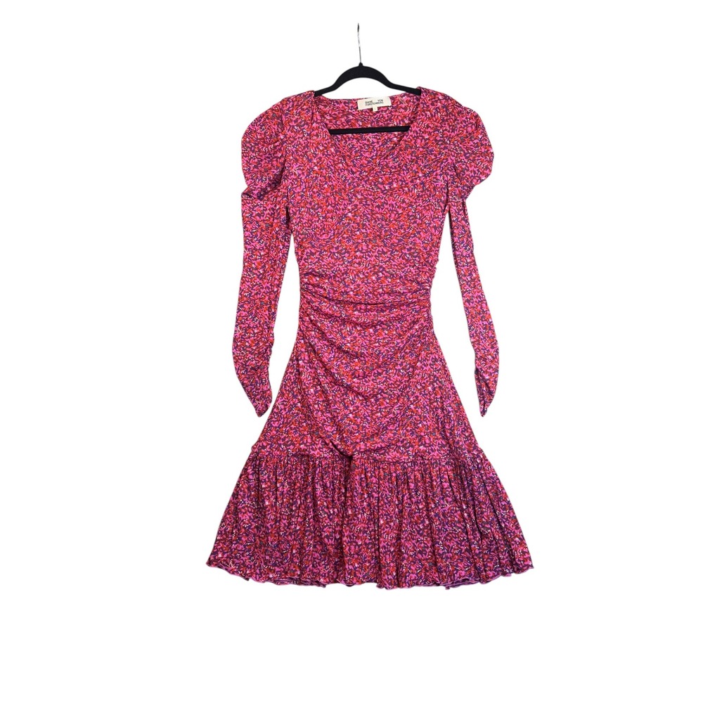 Diane von Furstenberg DVF Pink Floral Ruched Puff Sleeve Mini Dress Large
